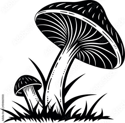 Monochrome wild mushroom illustration with detailed lines and grass in black vector silhouette