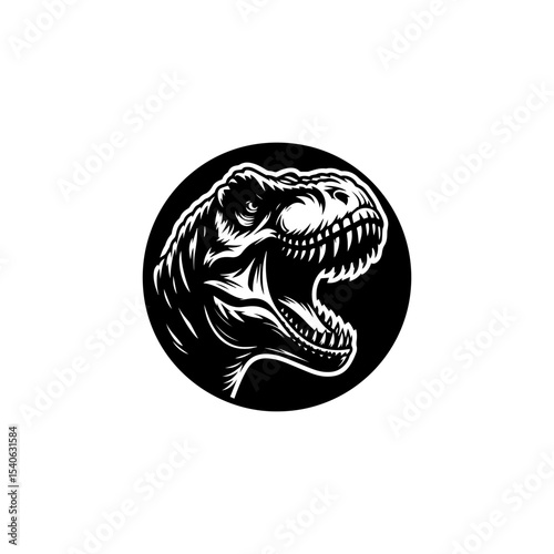 A fierce Tyrannosaurus Rex head, rendered in stark black and white, within a circular frame.