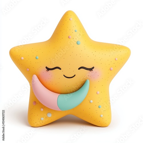 Cute Yellow Star Character with Smiling Face and Moon Design
