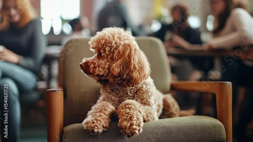 Adorable poodle puppy posing on a chair in a bustling cafe.Poodle puppy resting on a chair in a cafe, looking at the camera
