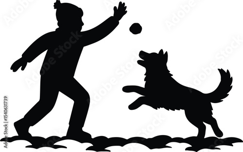 Silhouette boy playing with a dog vector illustration