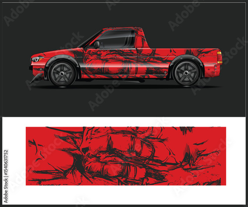 Red Pickup Truck with Abstract Black and Red Design Wrap