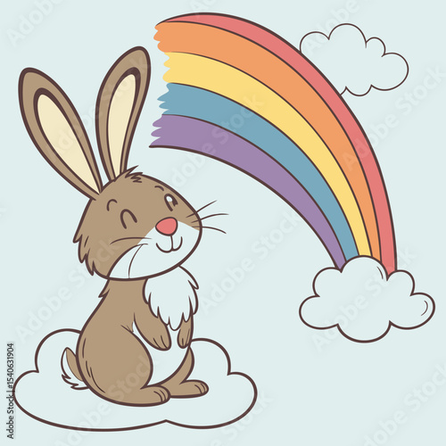 A Colorful Cartoon Rabbit Under a Rainbow Cute Fluffball Illustration