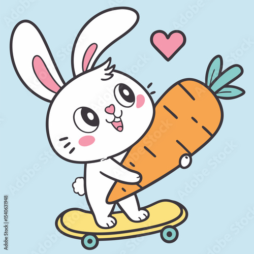 Adorable Cartoon Bunny on Skateboard with Carrot Cute Vector Illustration