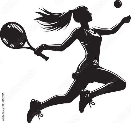 Silhouette of a woman playing tennis with a racket and a ball in a dynamic pose on a white background