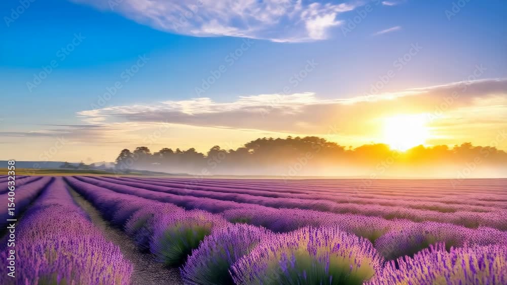 Golden Flower of Life Symbol on Lavender Field at Sunset with Warm Light and Peaceful Sky. Metaphysical pattern in nature.
