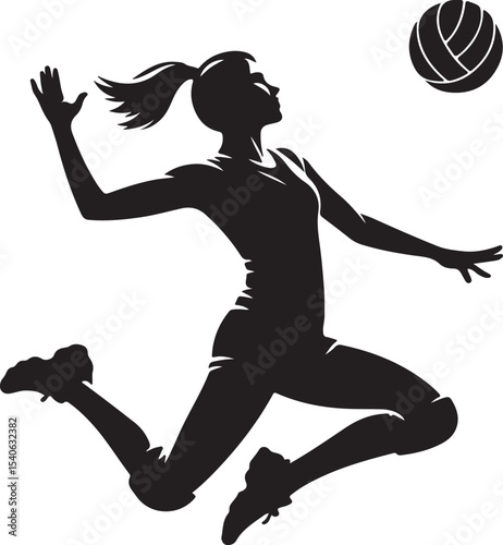 Silhouette of a woman jumping to hit a volleyball with her hand on a white background vector art