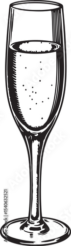 Champagne, Drink Glass, Vector Illustration, Sketch Drawing Line Linear Symbol Icon Engraving Coloring Book, Hand-drawn Black and White Isolated