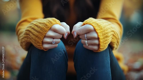 Woman wearing a yellow sweater and jeans showing her engagement and wedding rings