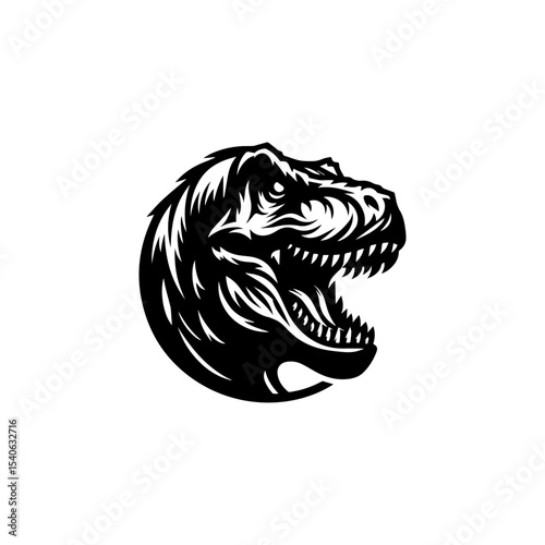 A stylized, black and white graphic of a Tyrannosaurus Rex head, in profile view, with an open mouth.