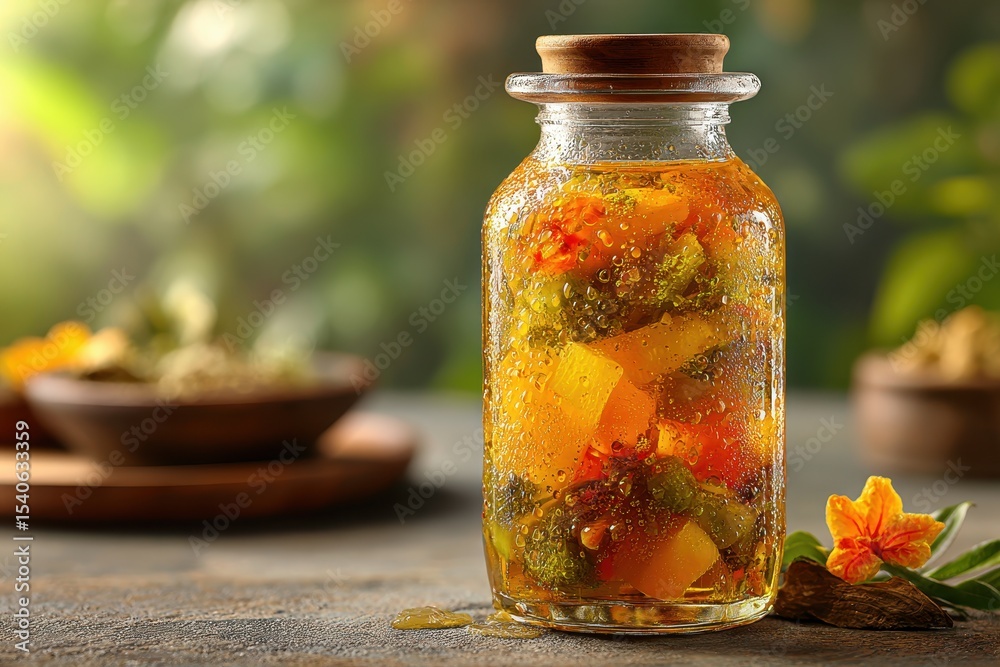 A vibrant jar of pickled vegetables with orange liquid against a blurred green garden, displaying fresh colors and rustic charm in still life composition. A vibrant jar of pickled vegetables with orange liquid against a blurred green garden, displaying fresh colors and rustic charm in still life composition.