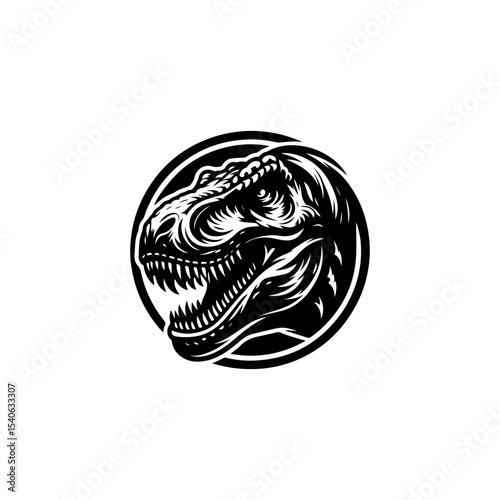Vintage black and white illustration of a Tyrannosaurus Rex head, encircled by a design element.