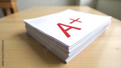 Stack of test papers with A+ grade, isolated on desk