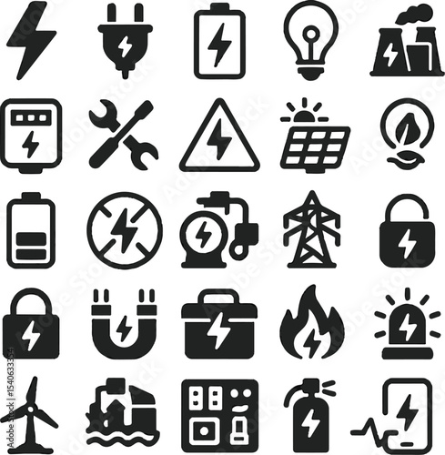 Electricity power energy vector icons set collection electric current symbols and signs illustration 100
