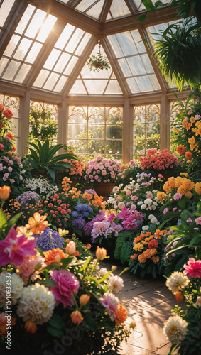 Vibrant garden greenhouse filled with blooming flowers illuminated by morning sunlight