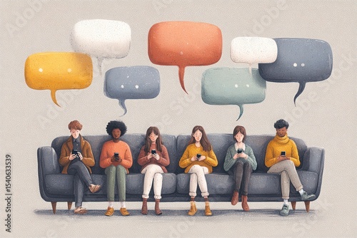 Young people using smartphones and social media on sofa