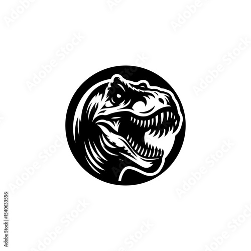 A stylized black and white illustration of a Tyrannosaurus Rex head.