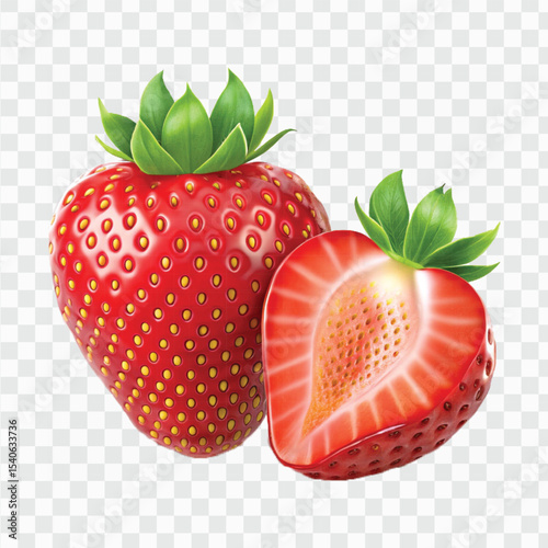realistic 3d whole strawberry fruit with slice in different style isolated on transparent background