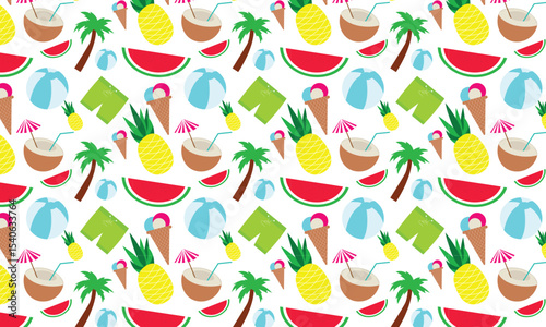 Fun Summer Pattern with Tropical Fruits and Beach Accessories