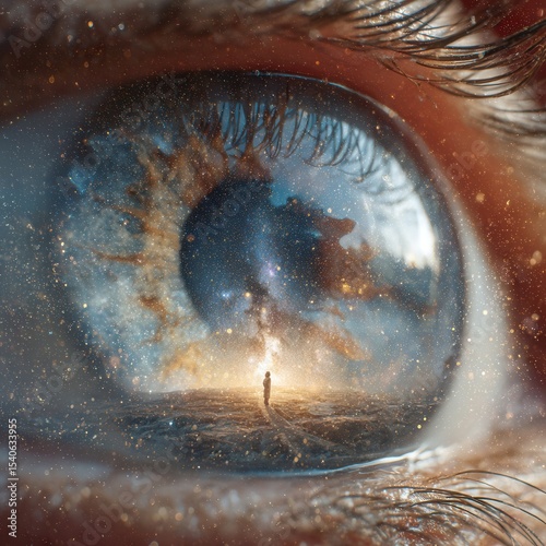 Astronaut walking on a distant planet reflecting in a human eye