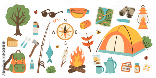 Camping and Hiking Vector Set with Tent, Campfire, Backpack, Tools, and Forest Elements – Colorful Hand Drawn Illustration for Outdoor Adventure, Tourism, and Nature Exploration Projects