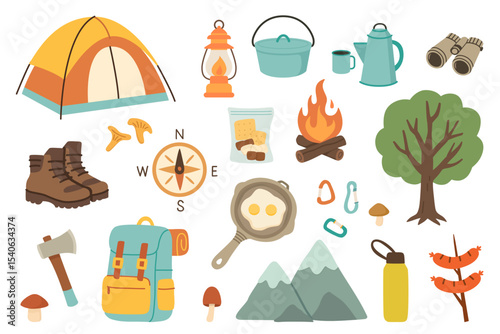 Hand drawn camping and hiking vector set with tent, backpack, campfire, guitar, fishing rod, tools, and mountain. Perfect for travel, outdoor adventure and summer design projects