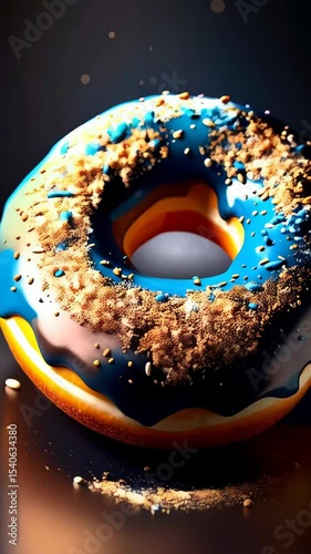 Delicious looking donut covered in blue icing and sprinkles on a dark surface, a sweet tempting confection