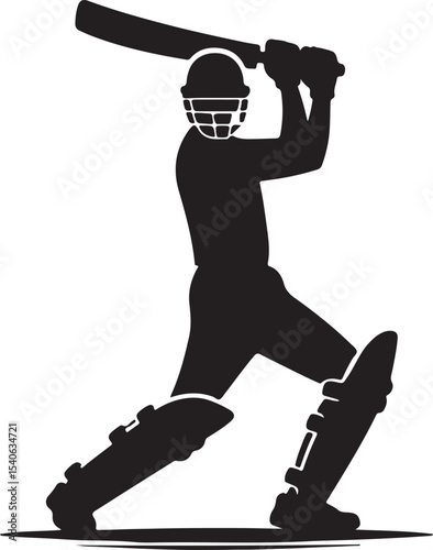 Silhouette of a cricket player with helmet and pads holding a bat in a batting stance on a white background