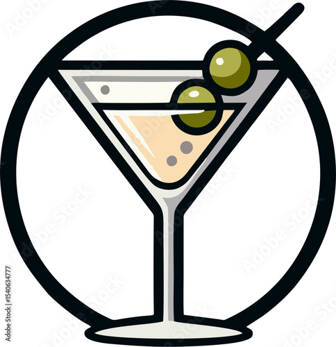 Vector Cartoon Martini Glass with Green Olives Inside Circle – Modern Cocktail Icon for Bar or Drink Menu