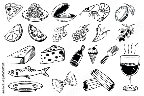 Hand drawn Italian food doodle set. Vector sketch illustration collection of Italy cuisine icons: pizza, pasta, cheese, wine, seafood, olives for restaurant menu design, isolated on white background