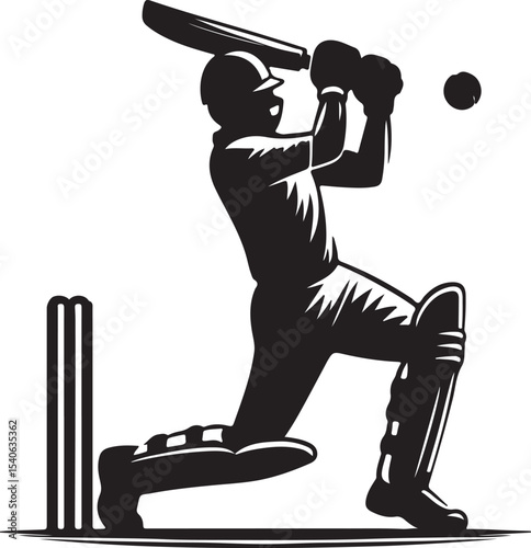 A silhouette illustration of a cricket player batting with wickets and ball on a white background