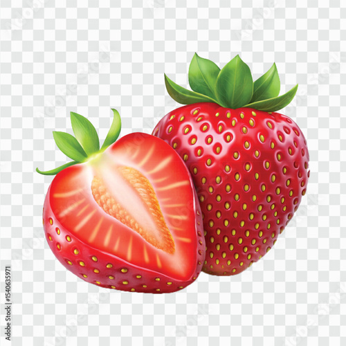 realistic 3d whole strawberry fruit with slice in different style isolated on transparent background