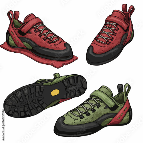 A set of illustrated climbing shoes in red and green colors for bouldering and rock climbing