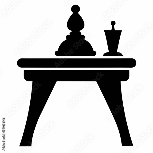 Chess pieces on a table in simple black silhouette illustration style