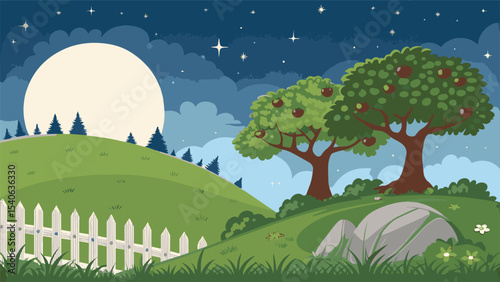 Nighttime Landscape A Colorful Digital Illustration of a Serene Apple Orchard under the Moonlit Sky