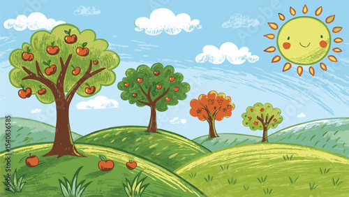 Vibrant Colorful Cartoon Apple Orchard Landscape A Sunny Day Illustration