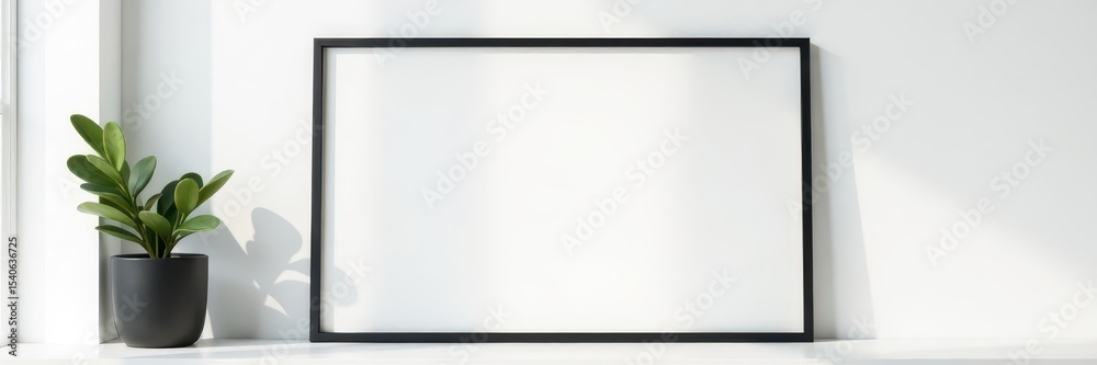 Modern black picture frame against bright white backdrop , mockup, frame, gallery