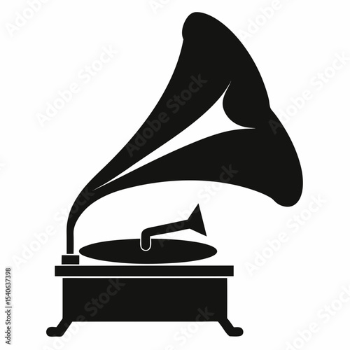 Vintage Gramophone Silhouette Classic Music Player Icon in Black and White