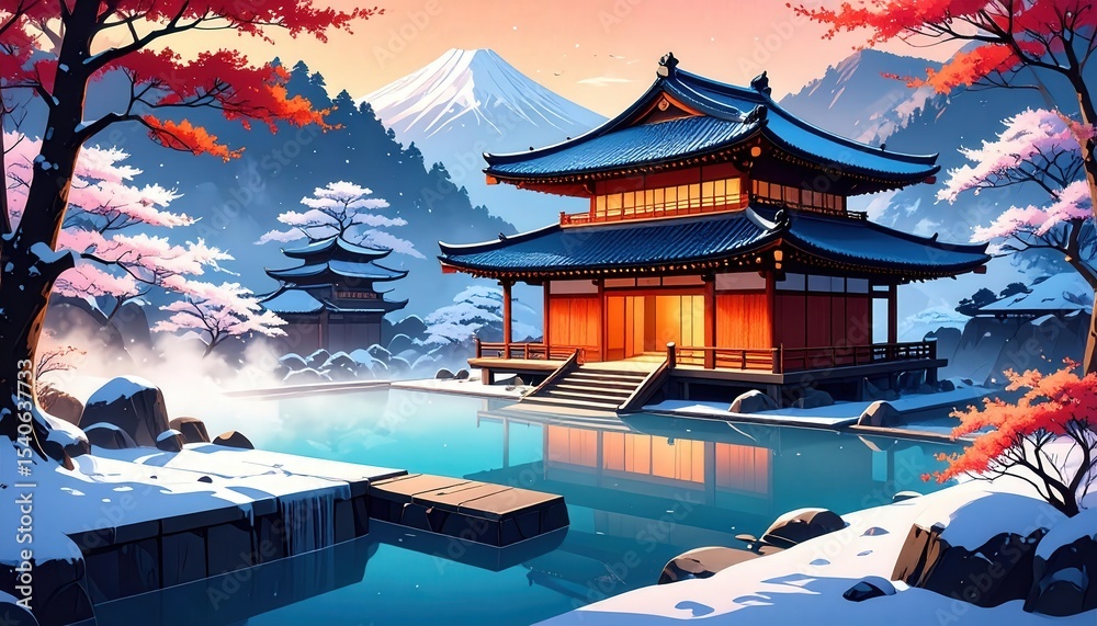 Obraz premium Serene Winter Landscape with Traditional Baths and Snow-Capped Mountains