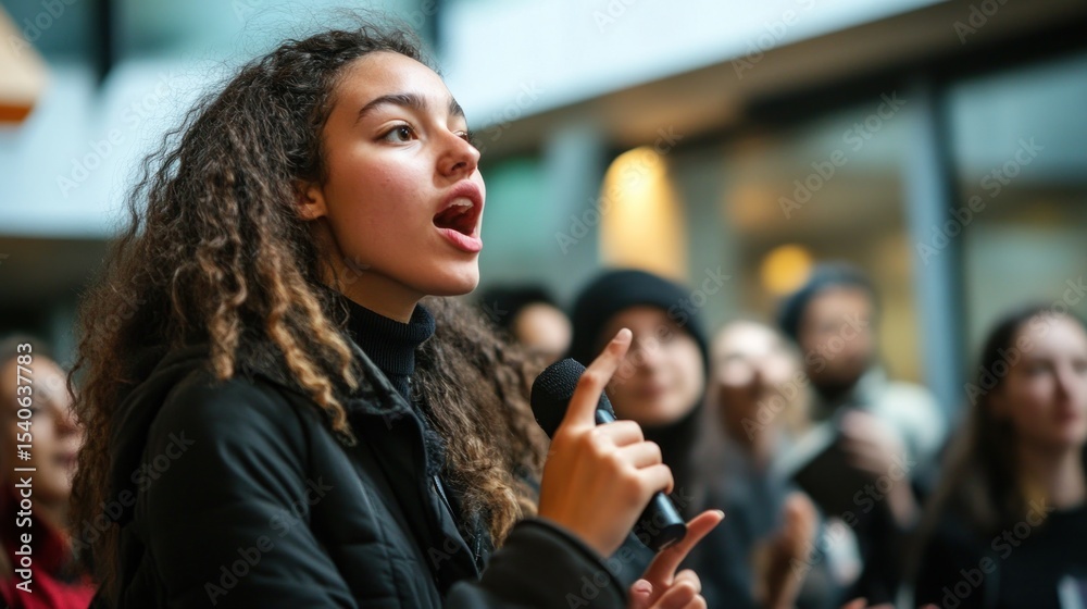 A young woman passionately addressing a group of supporters, advocating for justice with courage and charisma A young woman passionately addressing a group of supporters, advocating for justice with courage and charisma