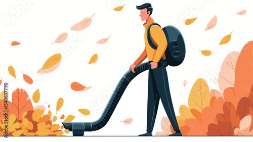 The illustration depicts a man with a backpack using a leaf blower to clear fallen autumn leaves. The style is a vector cartoon illustration with flat design elements. 