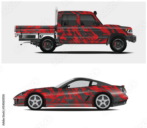 Red and Black Abstract Design on Pickup Truck and Sports Car
