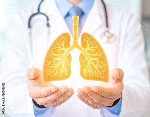 Doctor in a medical lab holding a glowing 3D lung model, symbolizing advanced healthcare, pulmonology, and scientific innovation. Perfect for medical research, respiratory health, or tech-based diagno