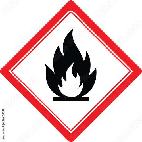flammable warning sign icon, hazard fire symbol with red diamond border vector illustration