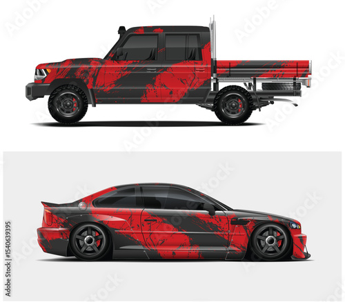 Red and Black Abstract Design for Truck and Sports Car