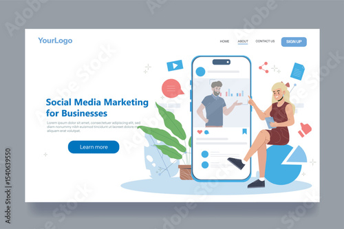 Businesswoman interacting with digital smartphone screen showing social media analytics, flat style, on white background. Concept of online marketing. Vector illustration