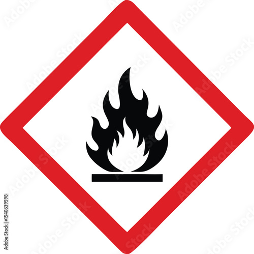 flammable warning sign icon, hazard fire symbol with red diamond border vector illustration