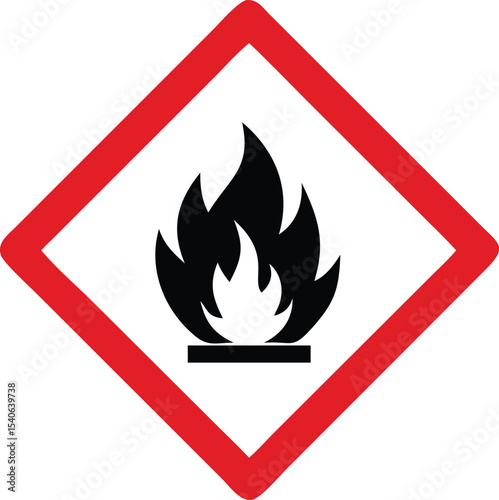 flammable warning sign icon, hazard fire symbol with red diamond border vector illustration