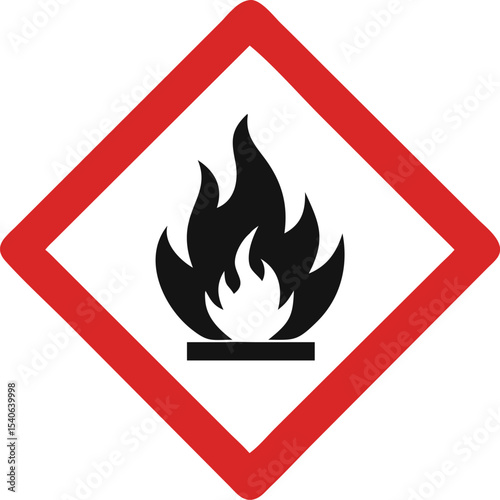 flammable warning sign icon, hazard fire symbol with red diamond border vector illustration