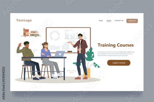 Group of people in a classroom setting with a whiteboard and laptop on a website landing page, flat graphic style, white background, concept of online learning. Vector illustration